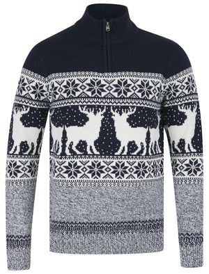 Men's Gullfoss 2 Nordic Fair Isle Jacquard Knit Jumper with Quarter Zip Funnel Neck in Ink - Merry Christmas