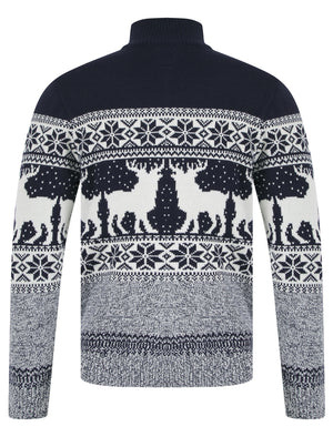Men's Gullfoss 2 Nordic Fair Isle Jacquard Knit Jumper with Quarter Zip Funnel Neck in Ink - Merry Christmas