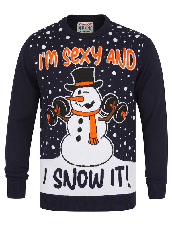 Men's Snow It 2 Workout Motif Novelty Knitted Christmas Jumper in Ink - Merry Christmas