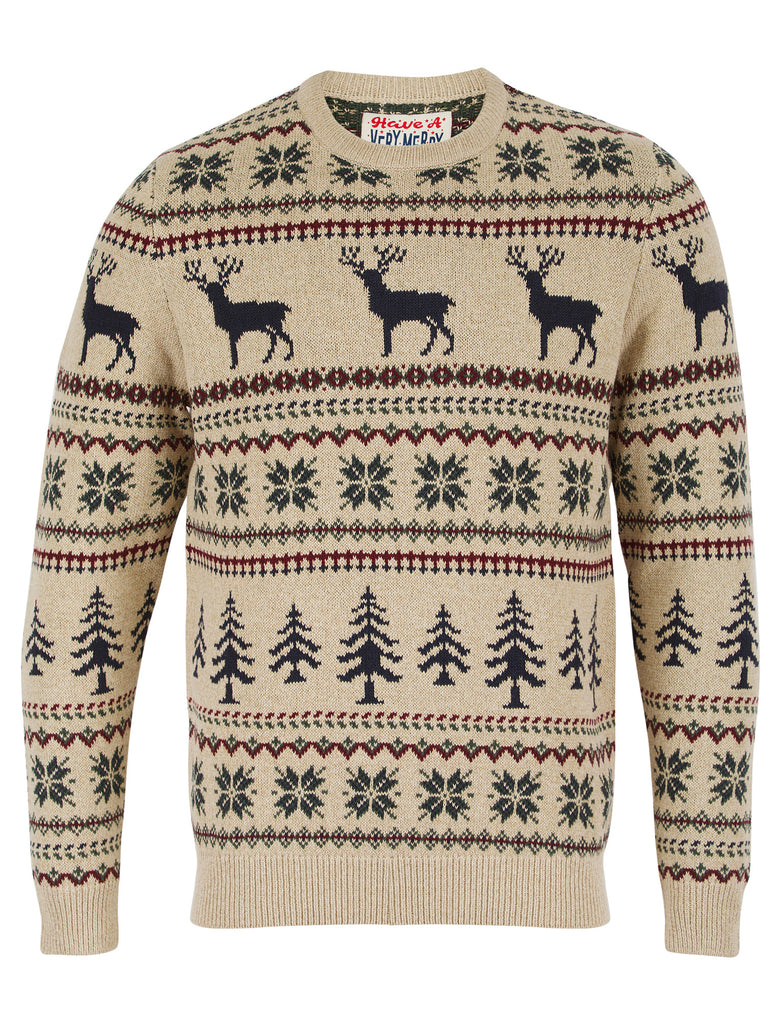 Men's Stag Jacquard Nordic Fair Isle Knitted Christmas Jumper in