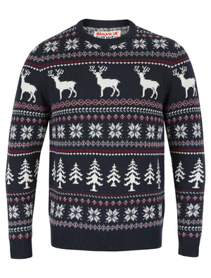 Men's Stag Jacquard Nordic Fair Isle Knitted Christmas Jumper in Navy - Merry Christmas