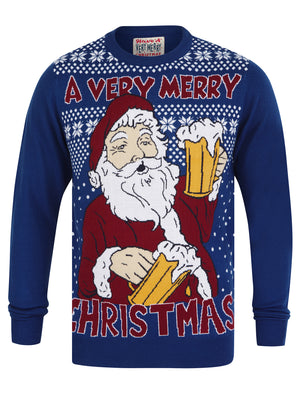 Men's Merry Santa Motif Novelty Knitted Christmas Jumper in Sapphire - Merry Christmas