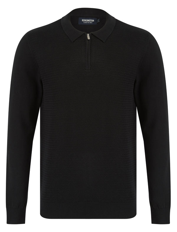 Kemper Long Sleeve Knitted Cotton Textured Basket Weave Polo Shirt with Zip Fasten Collar in Black - Kensington Eastside