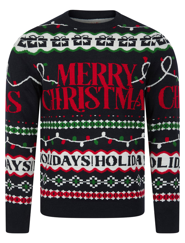 Men's Xmas Wrapping Paper Pattern Novelty Knitted Christmas Jumper in Ink - Merry Christmas