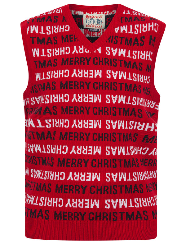 Men's Festives Novelty Motif Knitted V-Neck Sleeveless Christmas Tank Top in George Red - Merry Christmas