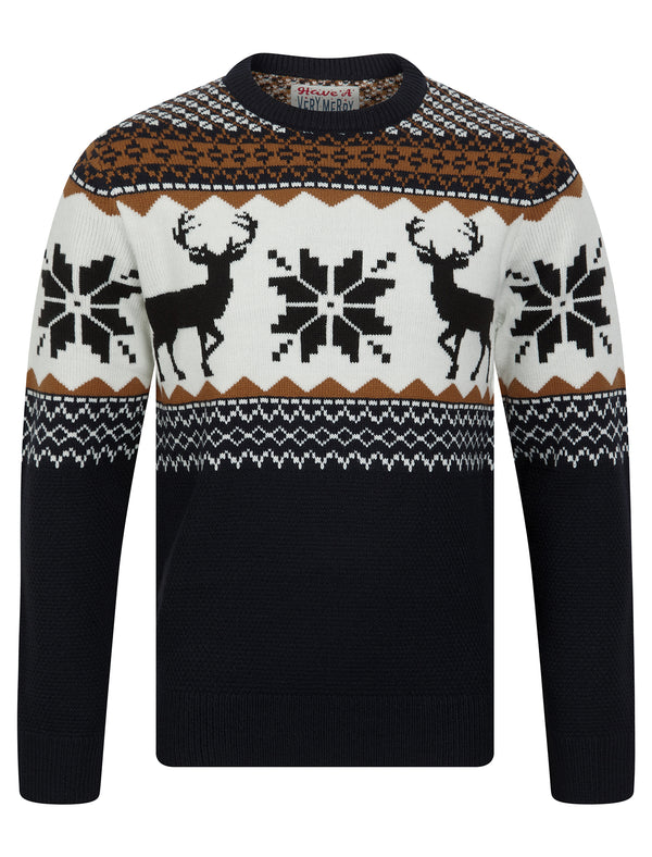 Men's Nordic Jacquard Fair Isle Festive Knitted Christmas Jumper in Ink - Merry Christmas