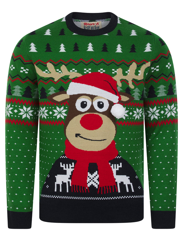 Men's Deer Motif Novelty 3D Pom Pom Design Knitted Christmas Jumper in Christmas Green - Merry Christmas