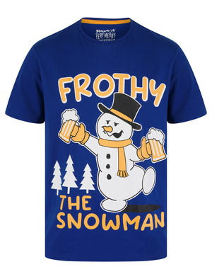 Men's Frothy Snowman Motif Novelty Cotton Christmas T-Shirt in Limoges Blue - Merry Christmas