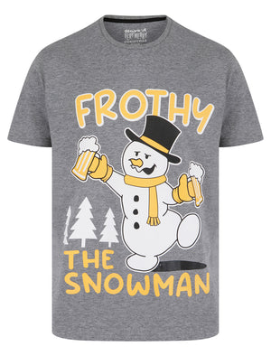 Men's Frothy Snowman Motif Novelty Cotton Christmas T-Shirt in Mid Grey Marl - Merry Christmas