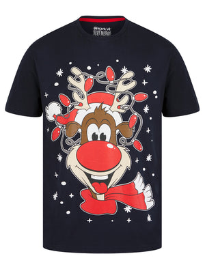 Men's Rudolph 23 Snowflake Motif Novelty Cotton Christmas T-Shirt in Sky Captain Navy - Merry Christmas