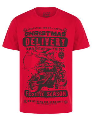 Men's Christmas Delivery Motif Novelty Cotton Christmas T-Shirt in Barados Cherry - Merry Christmas