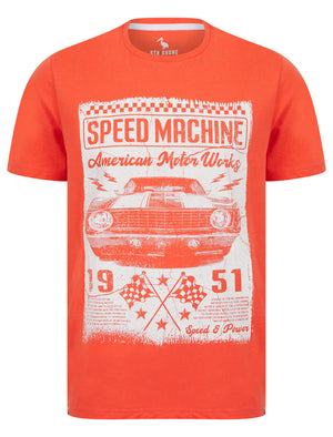 Speed Machine Motif Cotton Jersey T-Shirt in Hot Coral - South Shore