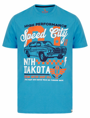 Speed City Motif Cotton Jersey T-Shirt in Malibu Blue - South Shore