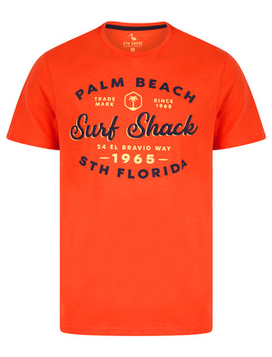 Palm Beach 2 Motif Cotton Jersey T-Shirt in Hot Coral - South Shore