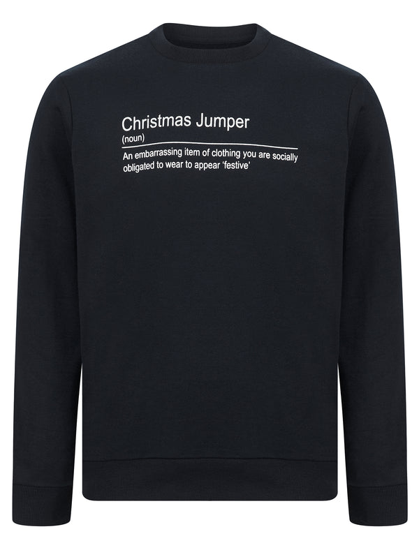 Men's Christmas Noun Novelty Crew Neck Brushback Fleece Pullover Sweater in Sky Captain Navy - Merry Christmas