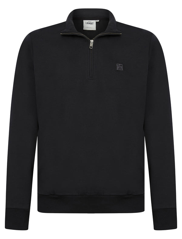 Diageo Cotton Blend Quarter Zip Funnel Neck Brushback Fleece Pullover Sweatshirt in Jet Black - Tokyo Laundry