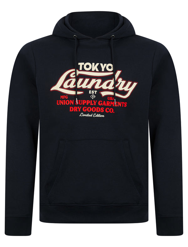Kennion Graphic Motif Brushback Fleece Pullover Hoodie in Sky Captain Navy - Tokyo Laundry