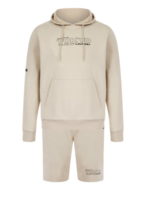 Brody Motif Brushback Fleece Pullover Hoodie and Jogger Shorts Set in Stone - Tokyo Laundry