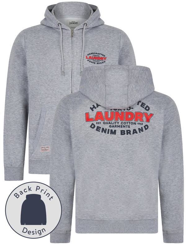 Stonefall Reverse Print Brushback Fleece Zip Through Hoodie in Light Grey Marl - Tokyo Laundry