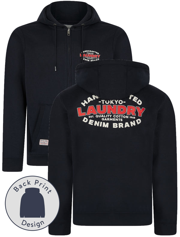 Stonefall Reverse Print Brushback Fleece Zip Through Hoodie in Sky Captain Navy - Tokyo Laundry