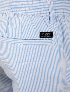 Myrtos Yarn Dyed Seersucker Stripe Cotton Chino Shorts in Blue - Tokyo Laundry