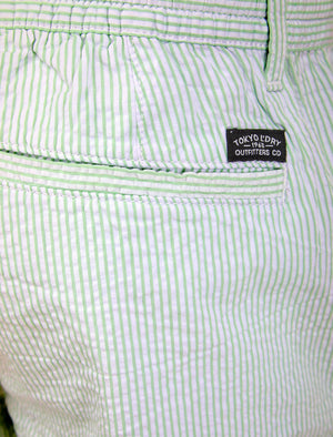 Myrtos Yarn Dyed Seersucker Stripe Cotton Chino Shorts in Silt Green - Tokyo Laundry