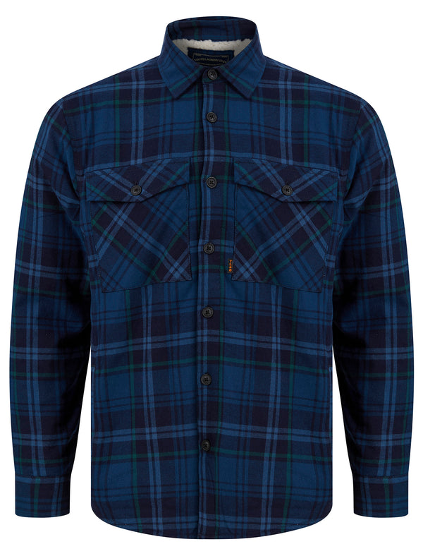 Kotka Borg Lined Cotton Flannel Checked Overshirt Jacket in Blue Check - Tokyo Laundry