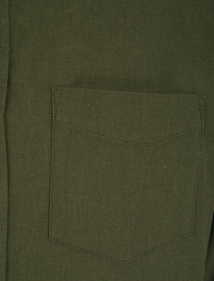 Gosier Grandad Collar Long Sleeve Cotton Linen Shirt in Ivy Green - Tokyo Laundry
