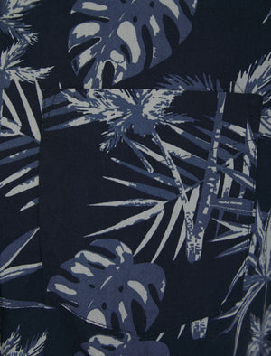 Fortuna Palm Leaf Print Short Sleeve Cotton Poplin Hawaiian Shirt in Sky Captain Navy - Tokyo Laundry