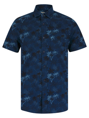 Quintana Palm Leaf Print Short Sleeve Cotton Poplin Hawaiian Shirt in Sargasso Blue - Tokyo Laundry