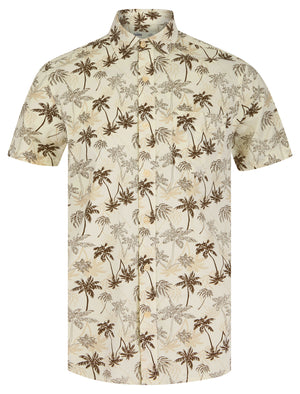 Quintana Palm Leaf Print Short Sleeve Cotton Poplin Hawaiian Shirt in White Onyx - Tokyo Laundry