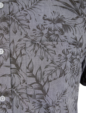 Lantana Palm Leaf Print Short Sleeve Cotton Chambray Hawaiian Style Shirt in Light Grey - Tokyo Laundry