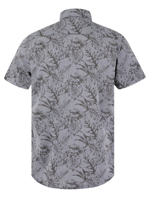 Lantana Palm Leaf Print Short Sleeve Cotton Chambray Hawaiian Style Shirt in Light Grey - Tokyo Laundry