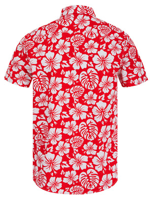 Hamoa Tropical Floral Print Short Sleeve Cotton Poplin Hawaiian Shirt in High Risk Red - Tokyo Laundry