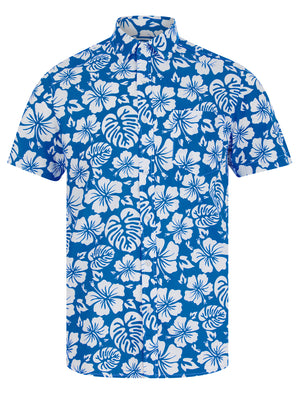 Hamoa Tropical Floral Print Short Sleeve Cotton Poplin Hawaiian Shirt in Super Sonic - Tokyo Laundry