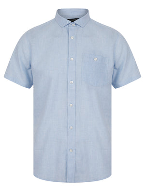 Portree Gingham Check Short Sleeve Cotton Linen Blend Shirt in Vista Blue - Kensington Eastside