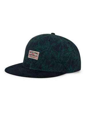 Elvegata Palm Print Cotton Baseball Cap with Faux Suede Peak in Navy - Tokyo Laundry