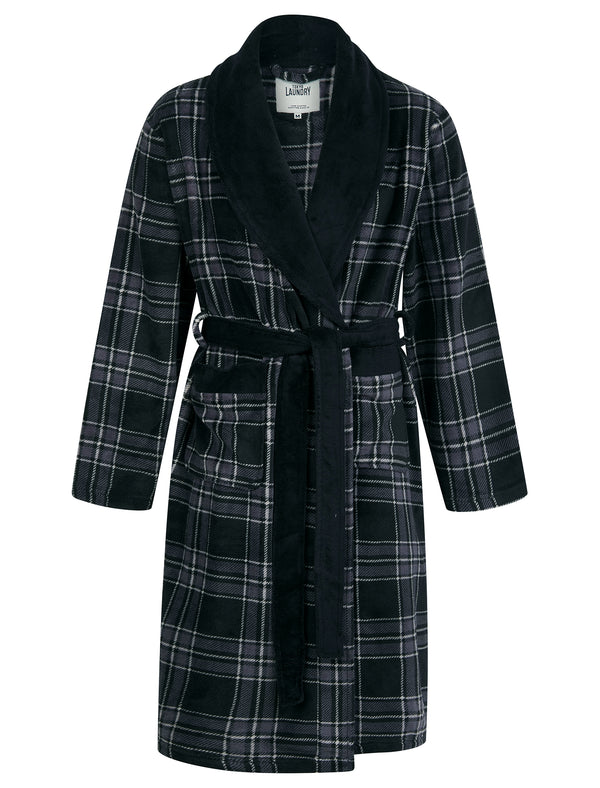 Men's Conrad Plaid Check Design Soft Fleece Dressing Gown in Black - Tokyo Laundry