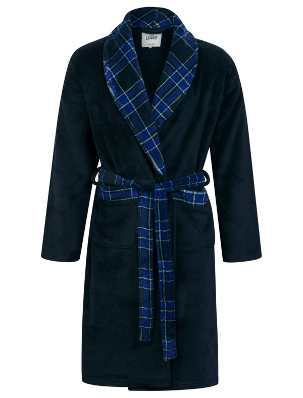 Men’s Domas Soft Fleece Plaid Check Trim Dressing Gown in Sky Captain Navy - Tokyo Laundry