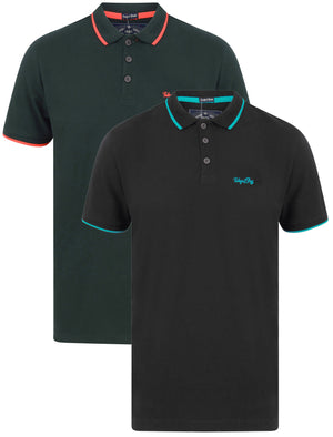 Farren (2 Pack) Cotton Pique Polo Shirt with Neon Tipping in Jet Black / Pine Grove - Tokyo Laundry