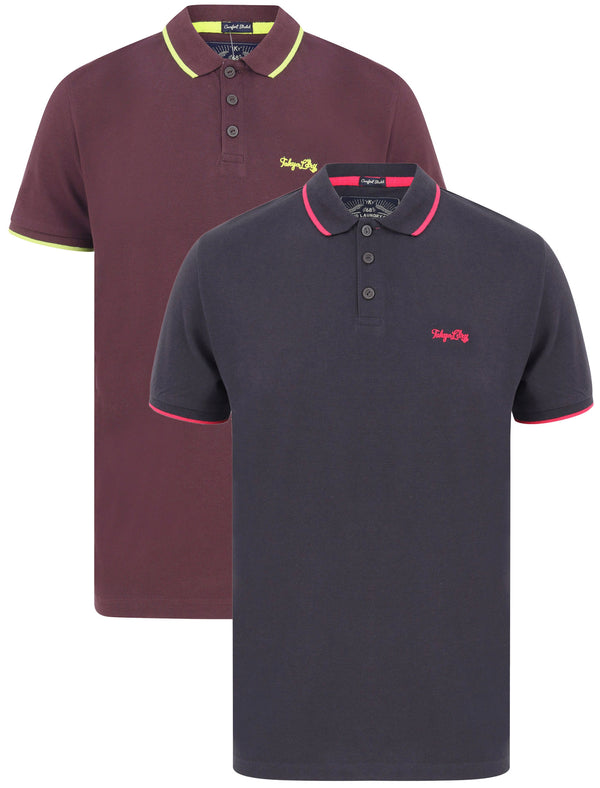 Farren (2 Pack) Cotton Pique Polo Shirt with Neon Tipping in Navy / Plum Perfect - Tokyo Laundry