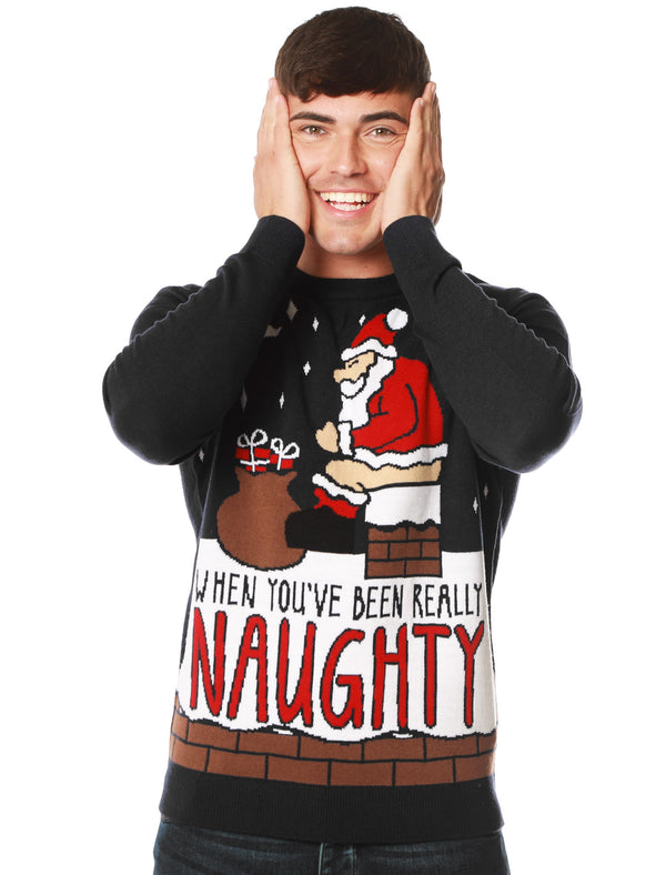 Men's Really Naughty 2 Santa Chimney Motif Novelty Christmas Jumper in Jet Black - Merry Christmas