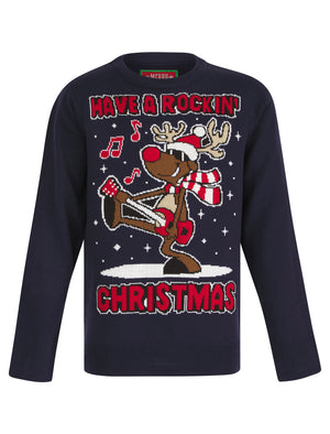 Boy's Rockin Rudolph LED Light Up Novelty Knitted Christmas Jumper in Ink - Merry Christmas Kids (4-12yrs)