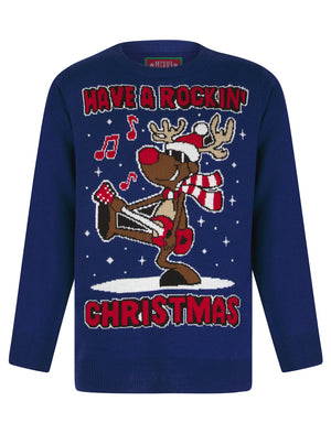 Boy's Rockin Rudolph LED Light Up Novelty Knitted Christmas Jumper in Sapphire - Merry Christmas Kids (4-12yrs)