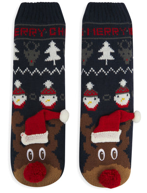 Kids 3D Reindeer Design Borg Lined Chunky Knit Slipper Socks in Navy - Merry Christmas