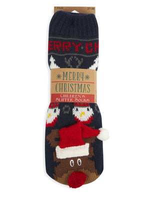 Kids 3D Reindeer Design Borg Lined Chunky Knit Slipper Socks in Navy - Merry Christmas