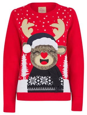 Women’s Rudolph Laughing Motif Novelty Christmas Jumper in Tokyo Red - Merry Christmas