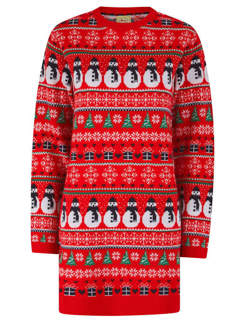 Women's Flakey Novelty Knitted Christmas Jumper Dress in Tokyo Red