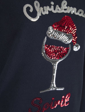 Women's Santa Wine Sequin Novelty Knitted Christmas Jumper in Ink - Merry Christmas
