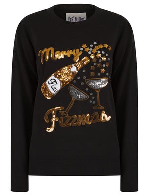 Women's Fizzymas Sequin Novelty Knitted Christmas Jumper in Jet Black - Merry Christmas